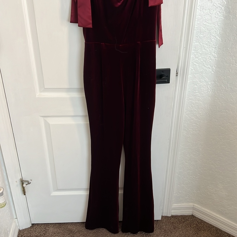 Vici Red Wine Velvet Tie Jumpsuit - Picture 3 of 5
